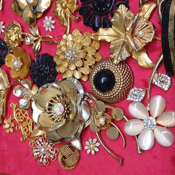 Framed Floral and Butterfly Upcycled Jewelry on a Red Velvet Background - Picture 5 of 6